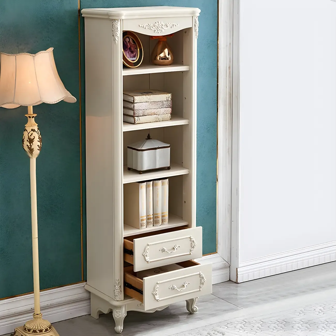 French Country White Wood 2-Drawer Bookcase with Doors Image - 2