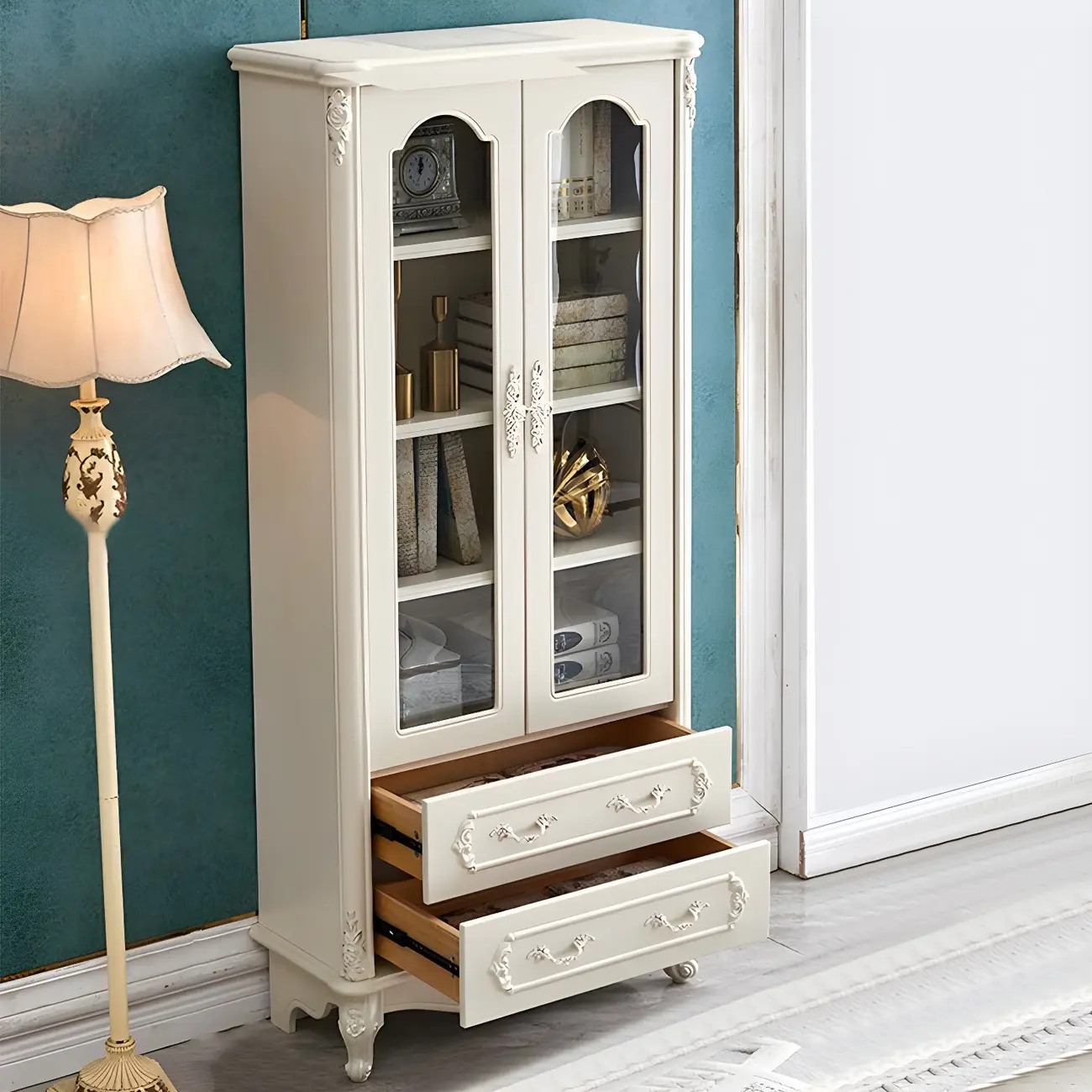 French Country White Wood 2-Drawer Bookcase with Doors Image - 3 | homeyfad