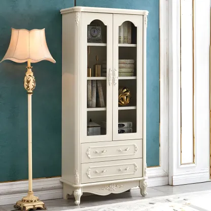 French Country White Wood 2-Drawer Bookcase with Doors Image - 4