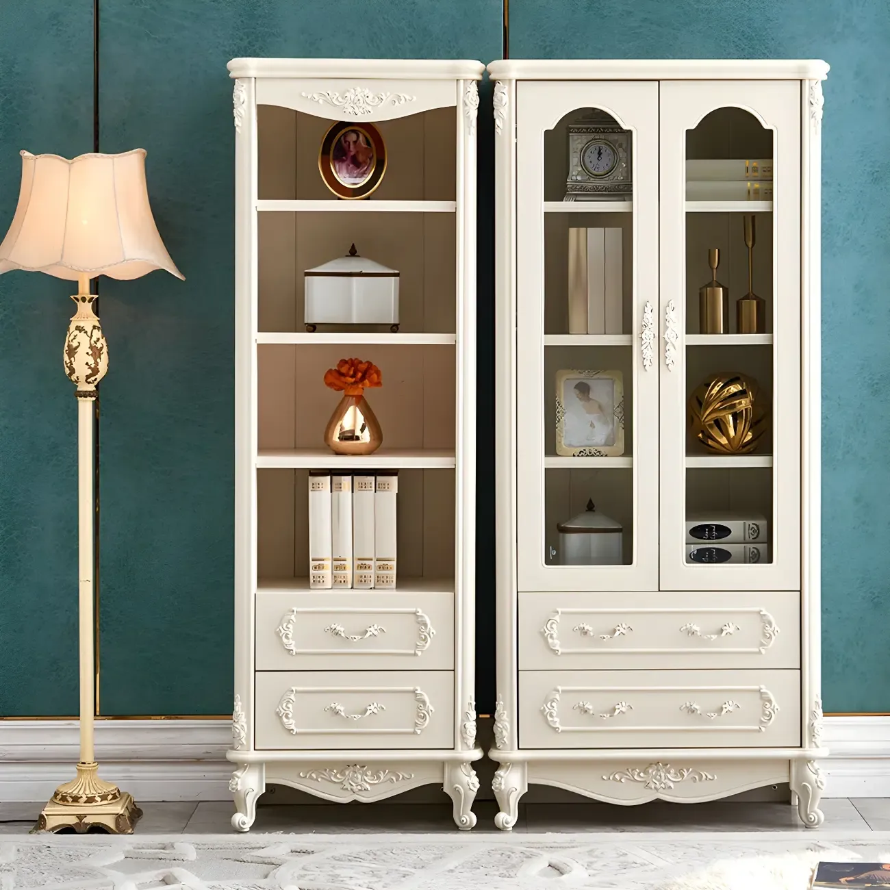 French Country White Wood 2-Drawer Bookcase with Doors Image - 5