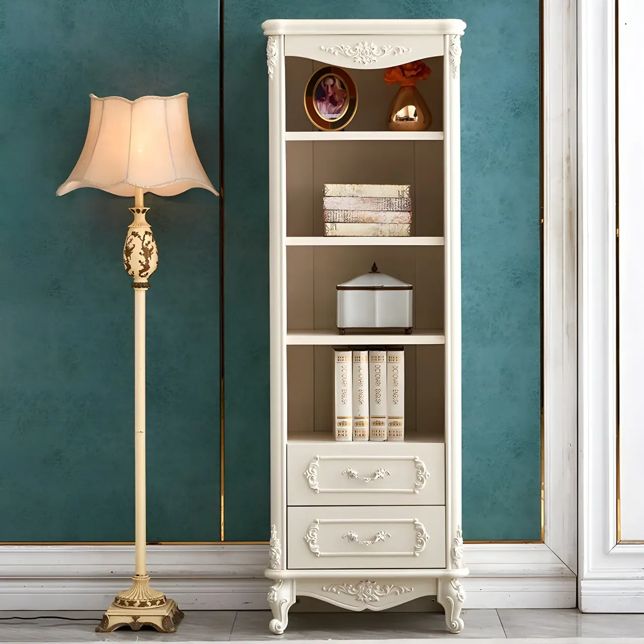 French Country White Wood 2-Drawer Bookcase with Doors Image - 6