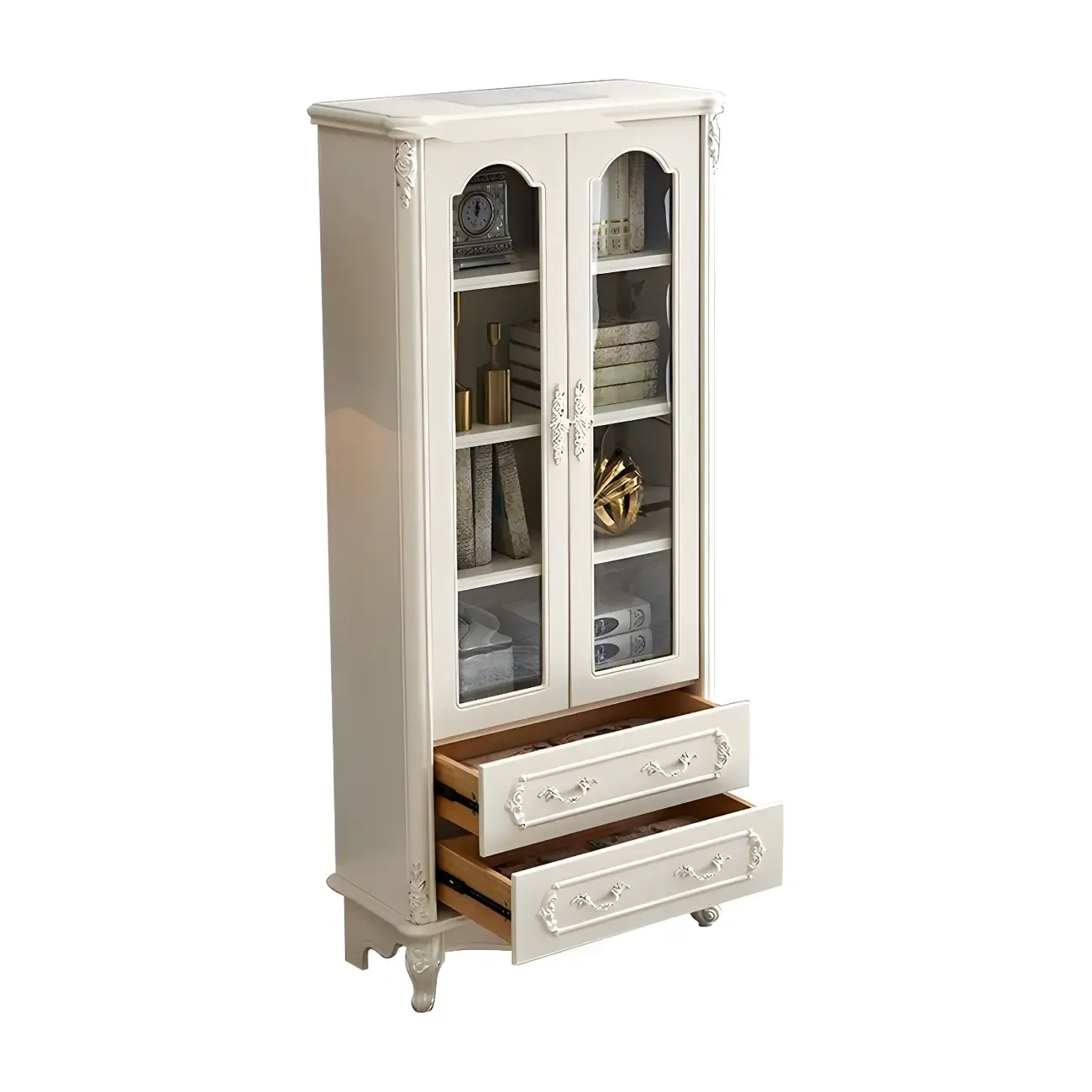 French Country White Wood 2-Drawer Bookcase with Doors Image - 7
