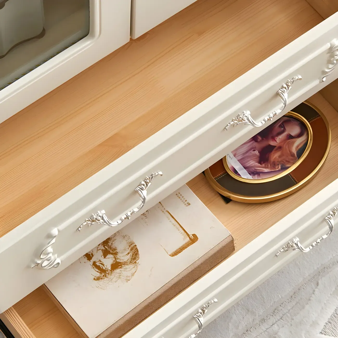 French Country White Wood 2-Drawer Bookcase with Doors Image - 8