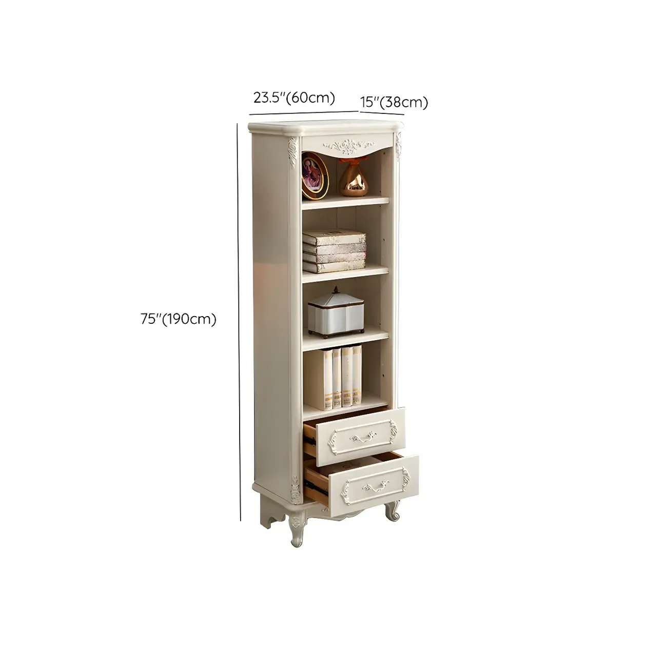French Country White Wood 2-Drawer Bookcase with Doors #size