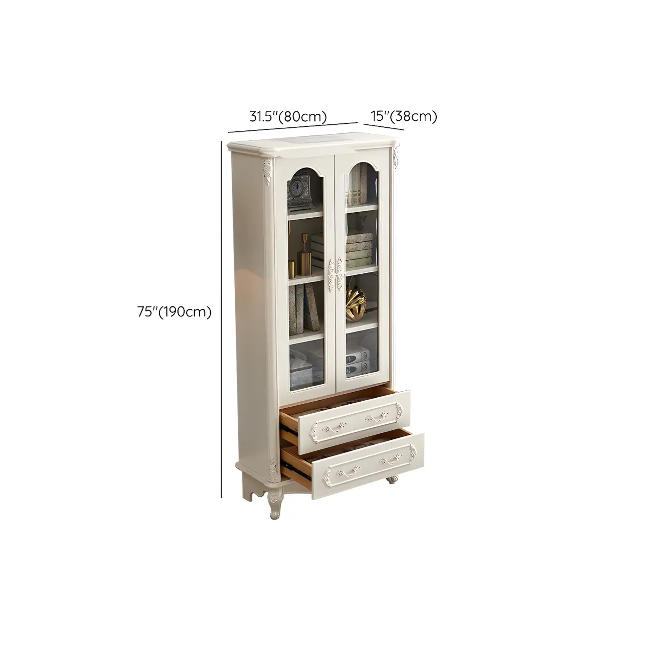 French Country White Wood 2-Drawer Bookcase with Doors Image - 13 | homeyfad