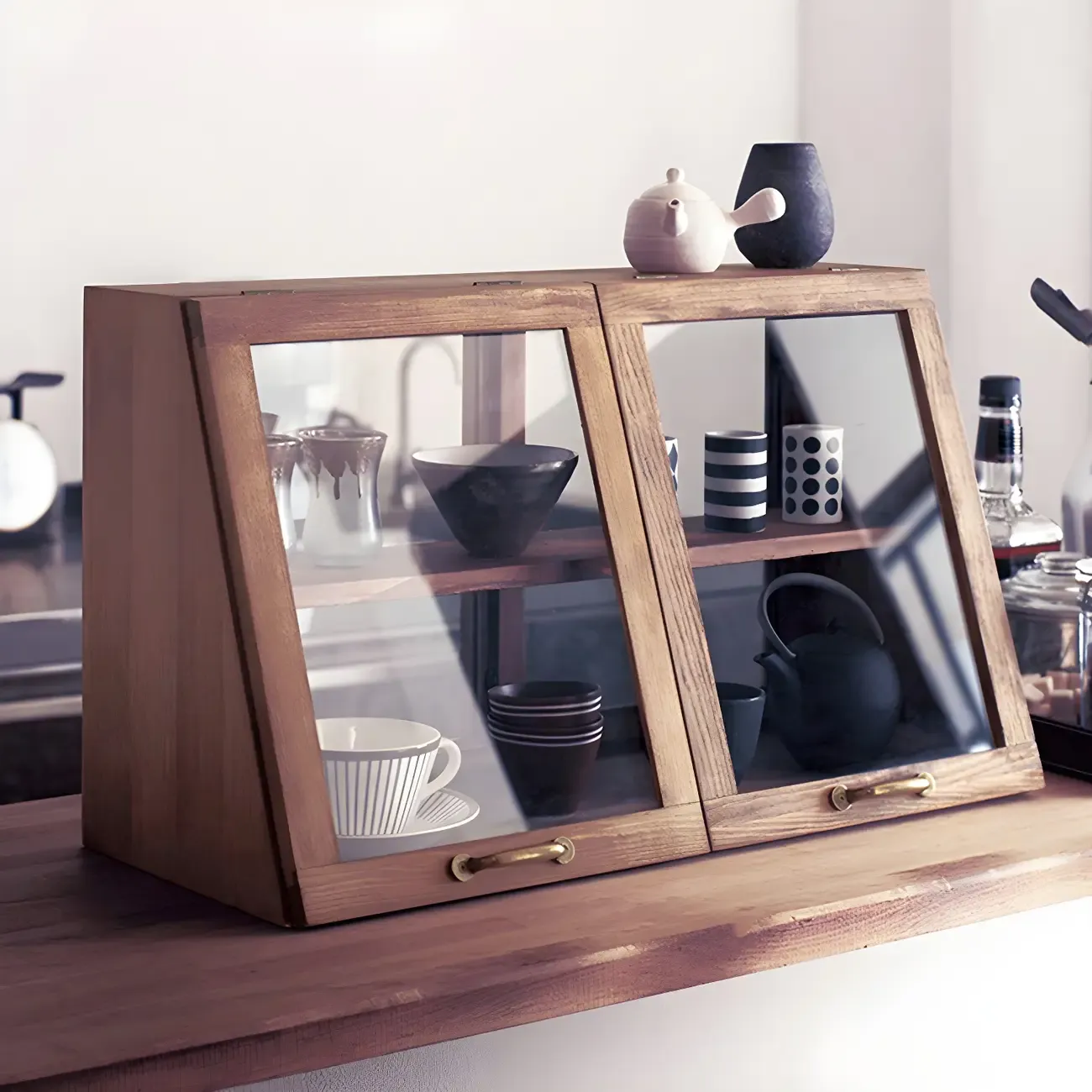 Wooden Ladder Display Cabinet with Sliding Glass Doors Image - 1