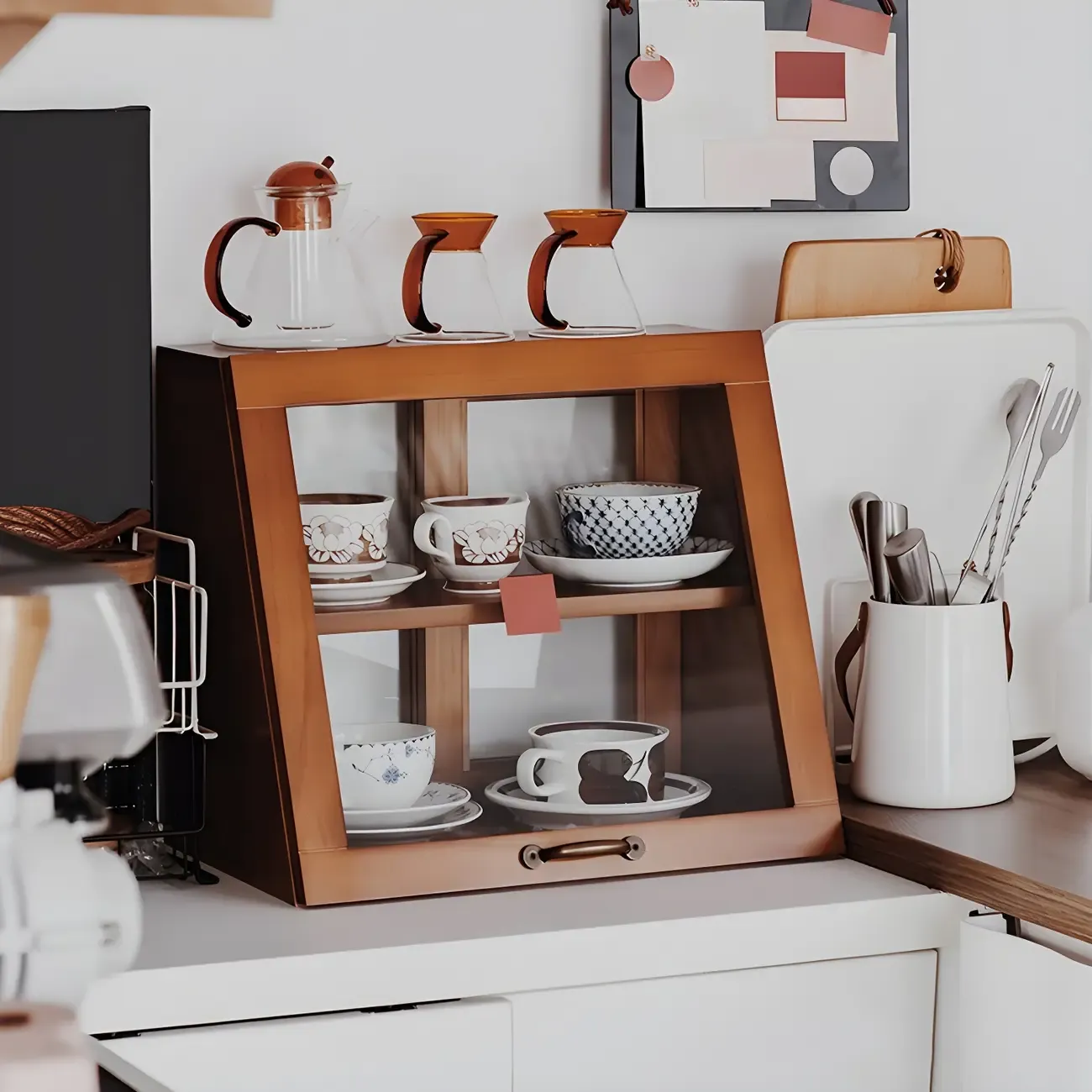 Wooden Ladder Display Cabinet with Sliding Glass Doors Image - 4