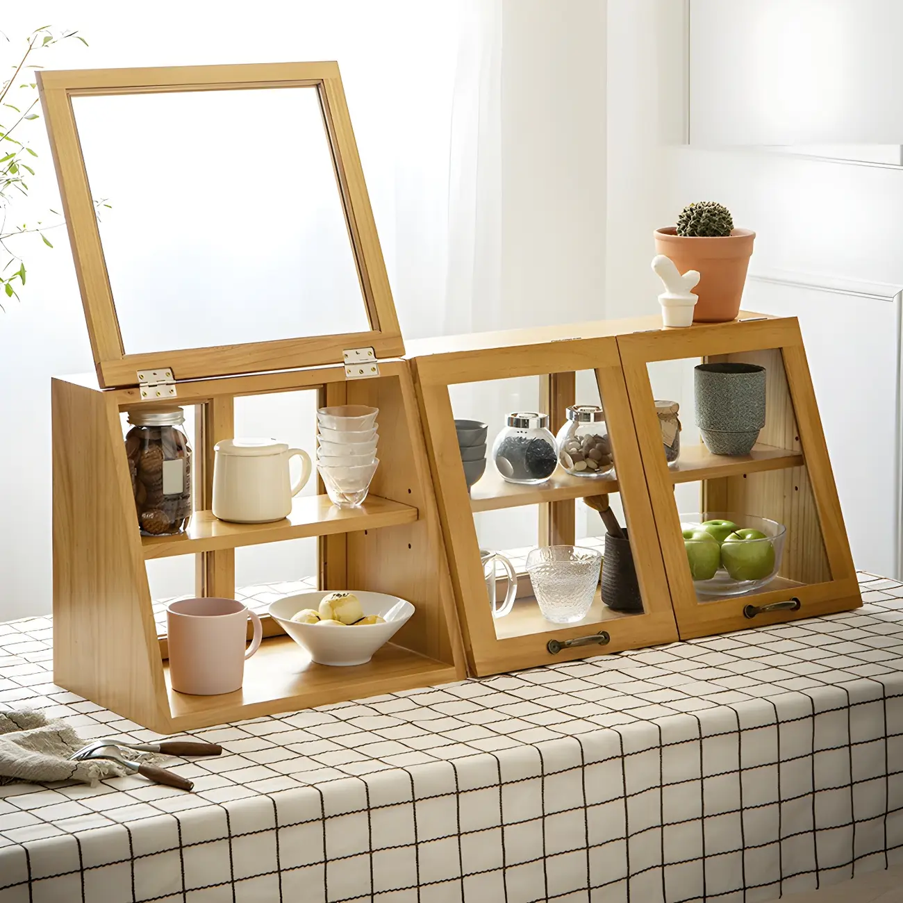 Wooden Ladder Display Cabinet with Sliding Glass Doors Image - 6 | homeyfad