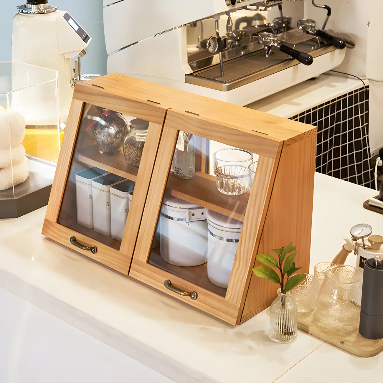 Wooden Ladder Display Cabinet with Sliding Glass Doors Image - 8 | homeyfad