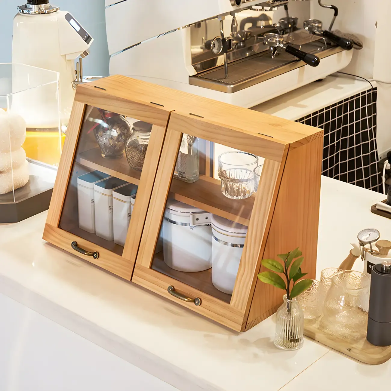 Wooden Ladder Display Cabinet with Sliding Glass Doors Image - 8