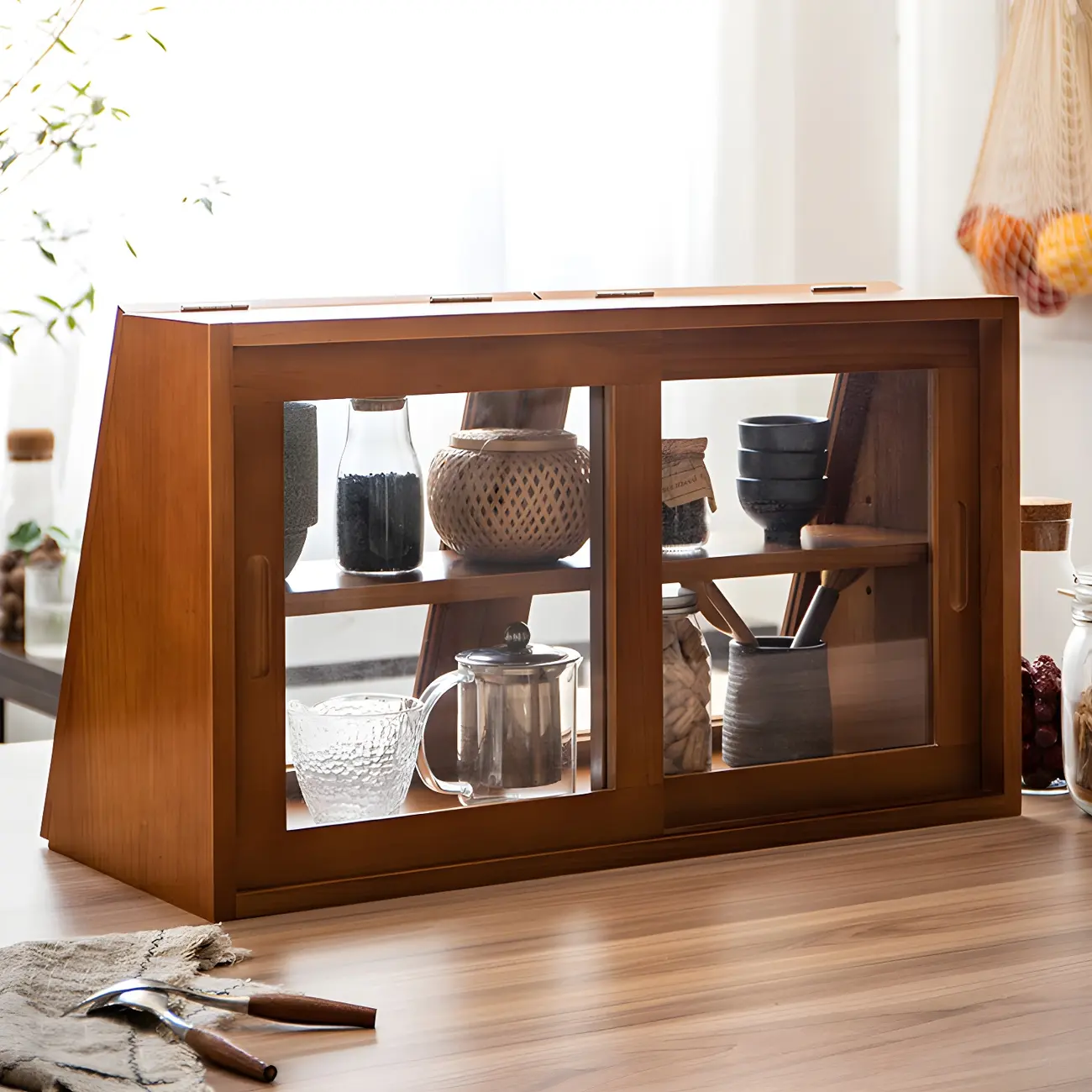 Wooden Ladder Display Cabinet with Sliding Glass Doors Image - 17 | homeyfad