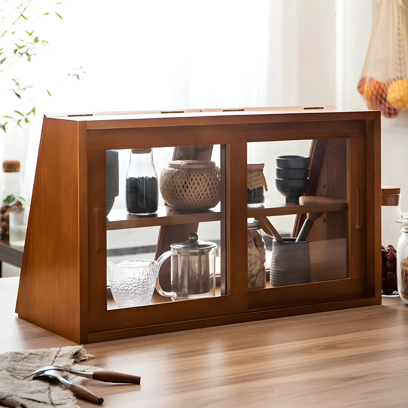 Wooden Ladder Display Cabinet with Sliding Glass Doors Image - 17