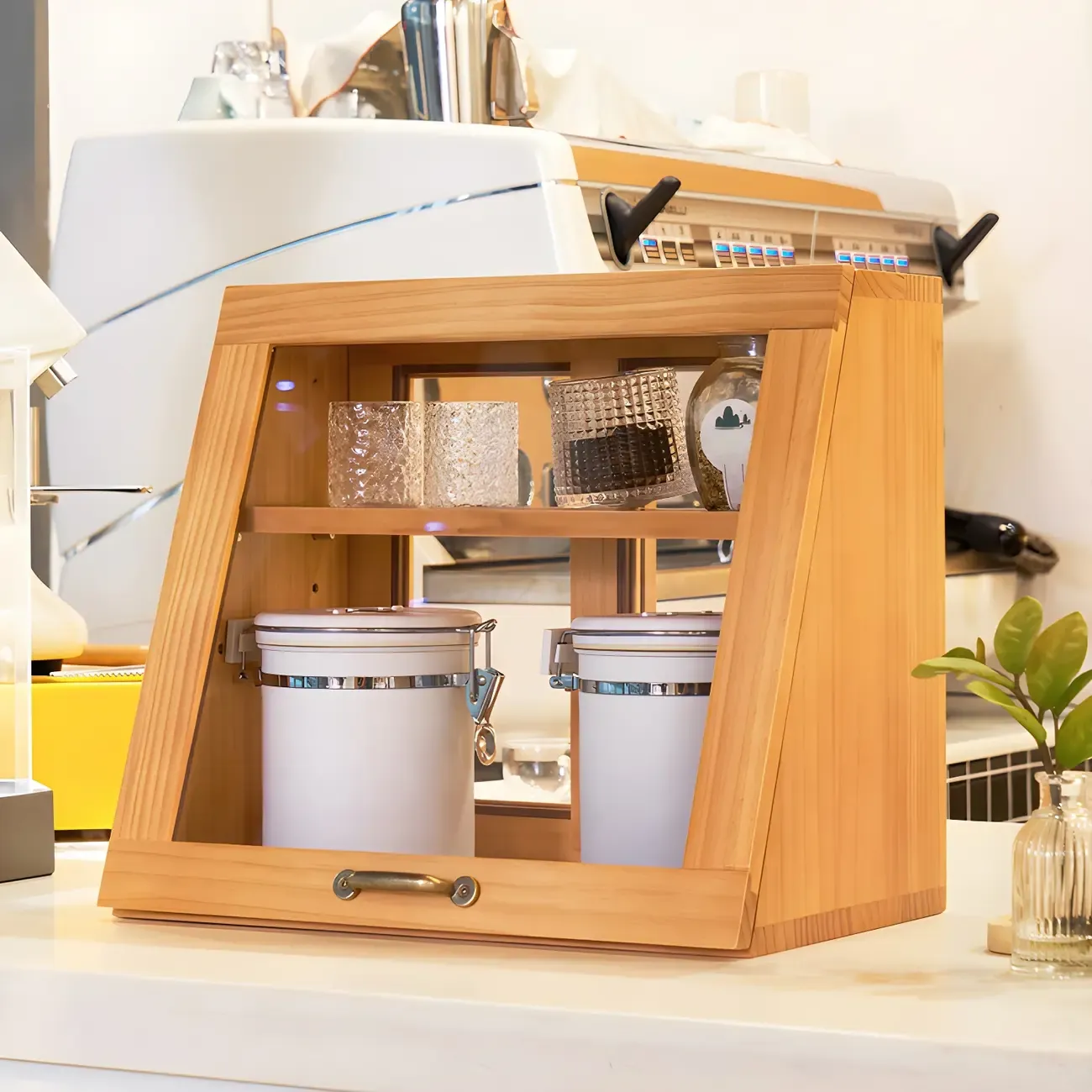 Wooden Ladder Display Cabinet with Sliding Glass Doors Image - 18