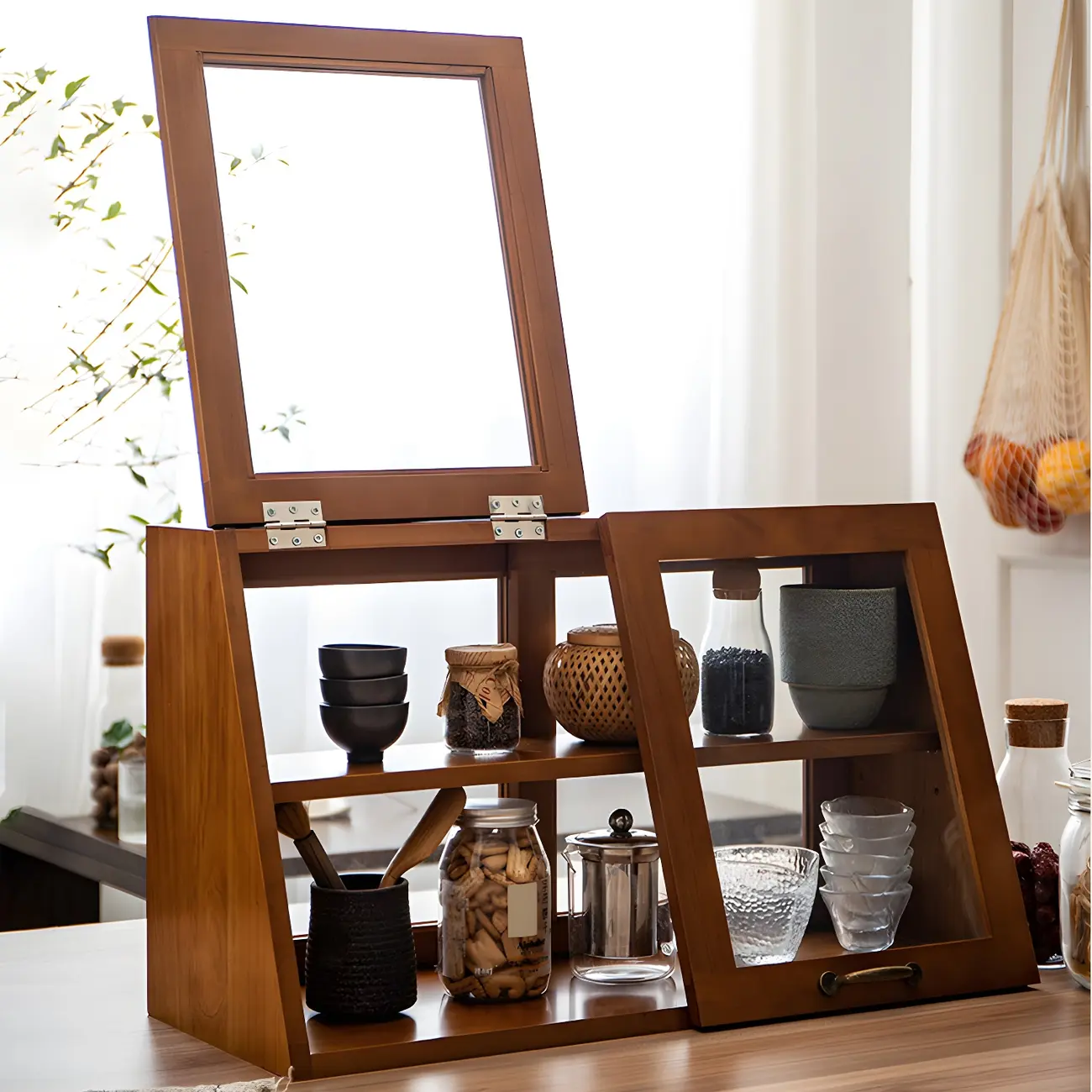 Wooden Ladder Display Cabinet with Sliding Glass Doors Image - 19 | homeyfad