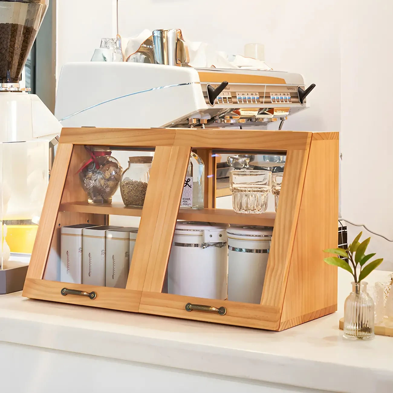 Wooden Ladder Display Cabinet with Sliding Glass Doors Image - 20