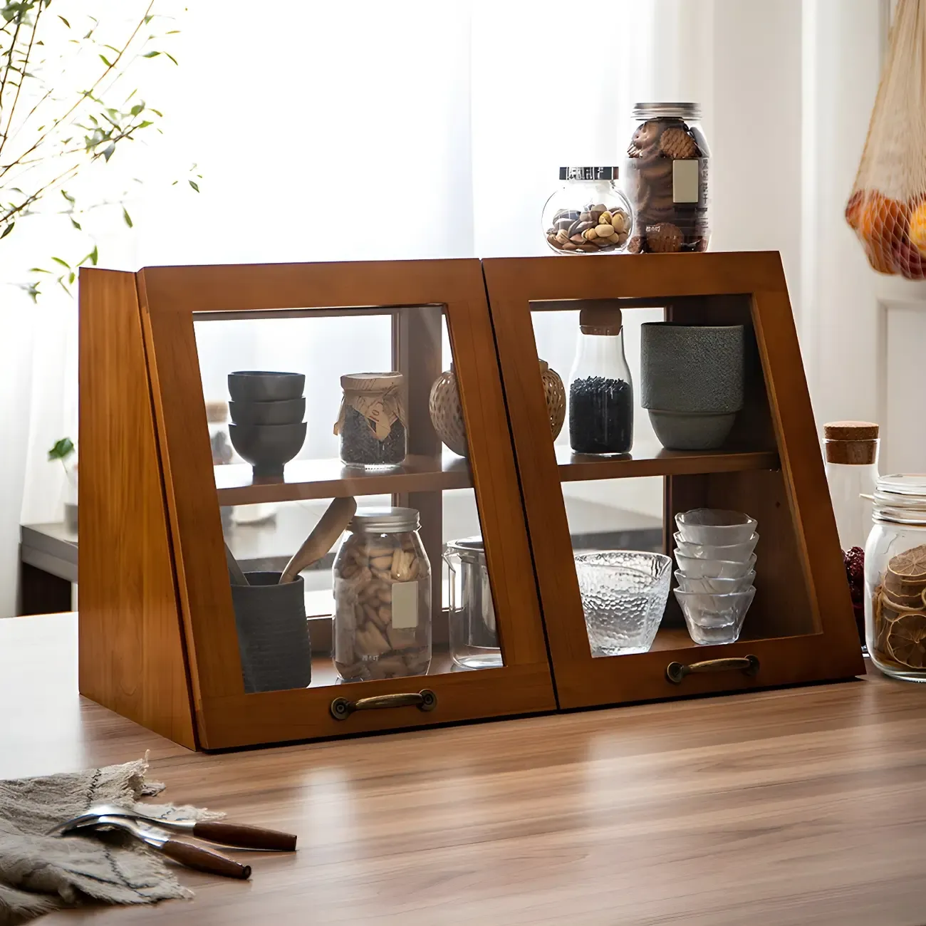 Wooden Ladder Display Cabinet with Sliding Glass Doors Image - 22