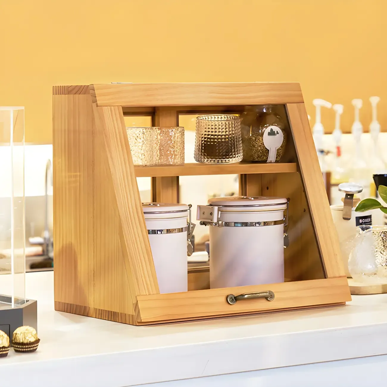 Wooden Ladder Display Cabinet with Sliding Glass Doors Image - 23