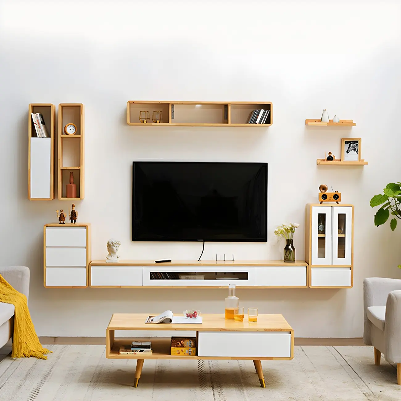 Classic Wooden Floating TV Stand with Drawers for Living Room Image - 16 | homeyfad