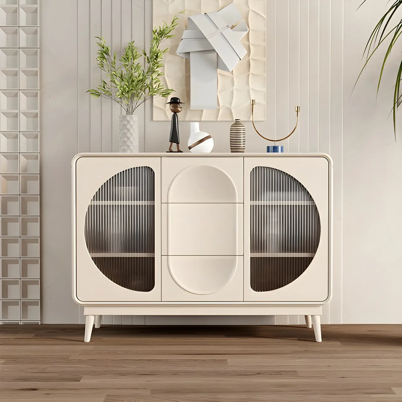 Modern White Wooden Glass No Handle Storage Cabinet Image - 3 | homeyfad