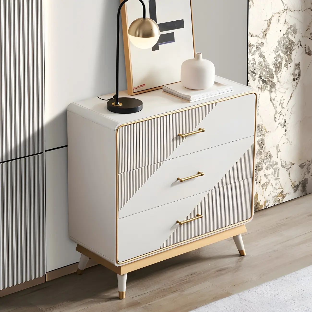 Glam Beige Wood Gold Accent Storage Cabinet Image - 11 | homeyfad