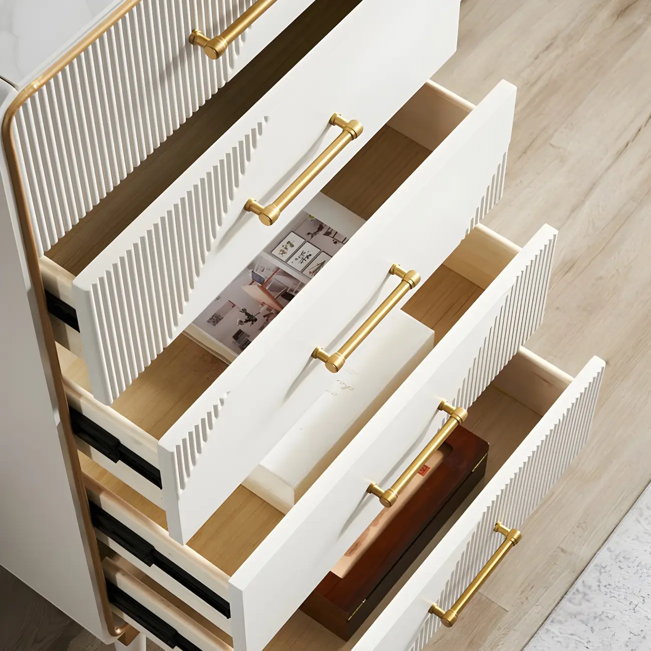 Glam Beige Wood Gold Accent Storage Cabinet Image - 13 | homeyfad