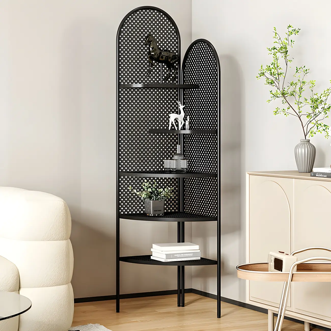 Modern Black Metal Arch Holey Back Display Corner Cabinet Image - 1 | homeyfad