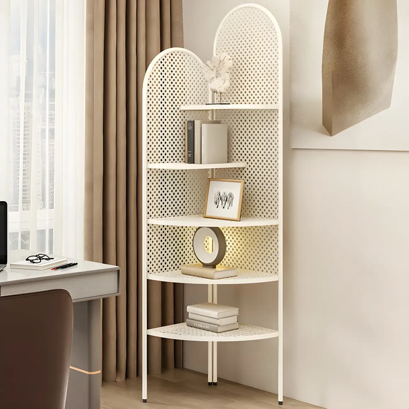 Modern Black Metal Arch Holey Back Display Corner Cabinet Image - 3