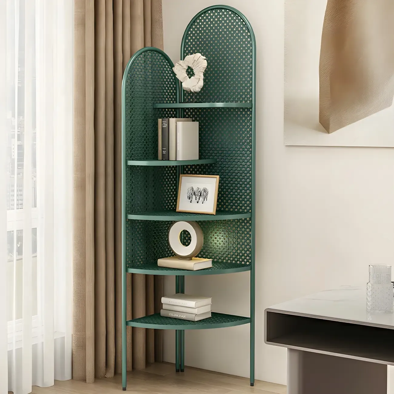 Modern Black Metal Arch Holey Back Display Corner Cabinet Image - 4