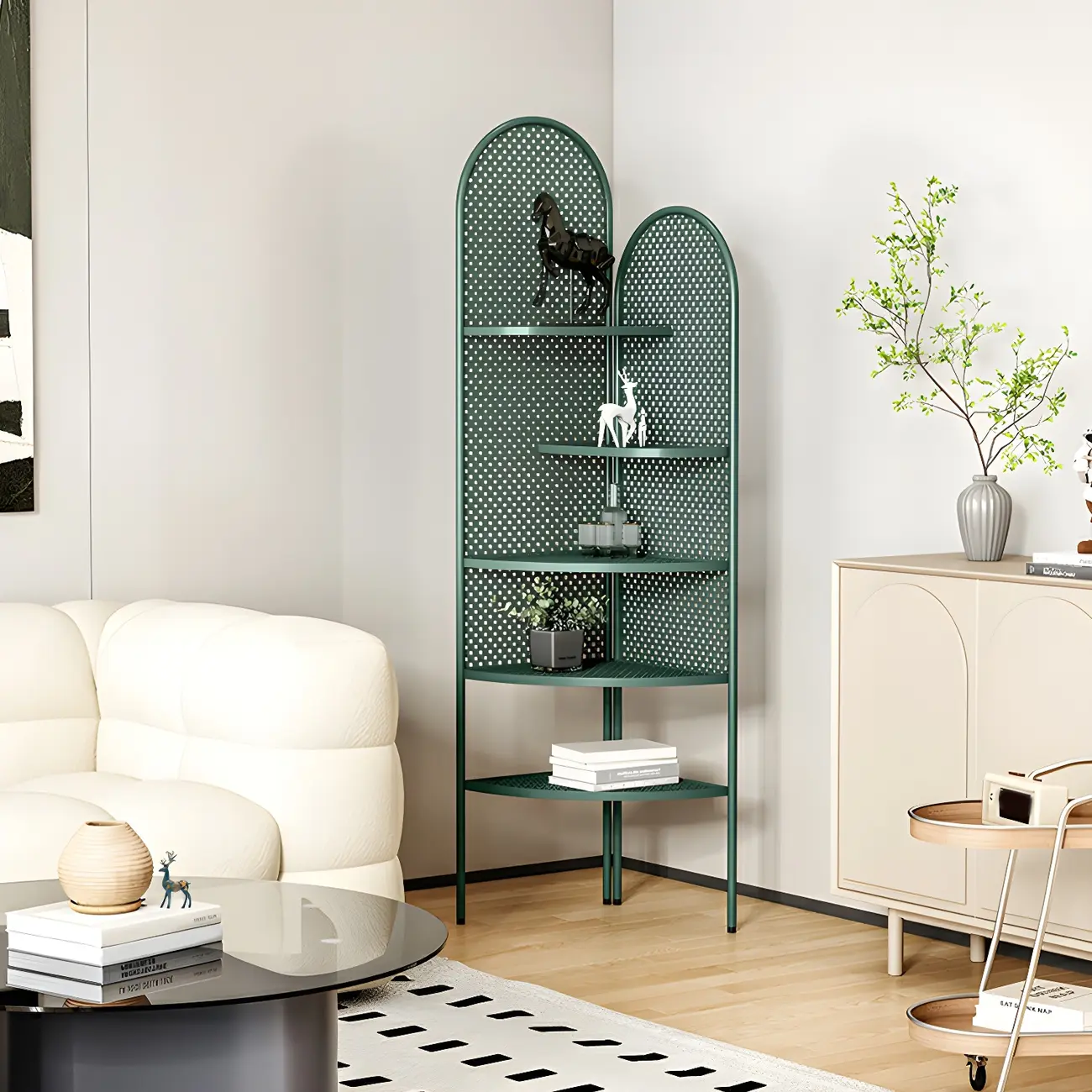 Modern Black Metal Arch Holey Back Display Corner Cabinet Image - 16 | homeyfad