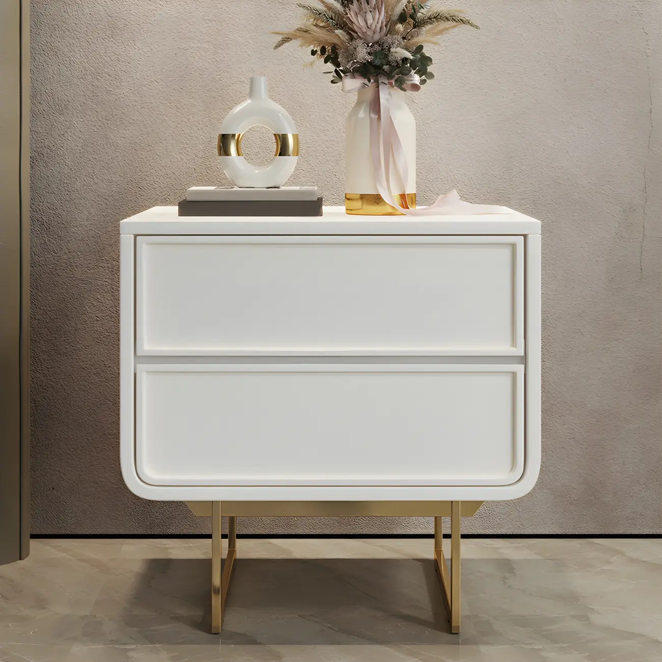 Narrow Wooden 2-Drawers White Nightstand with Gold Legs Image - 2 | homeyfad