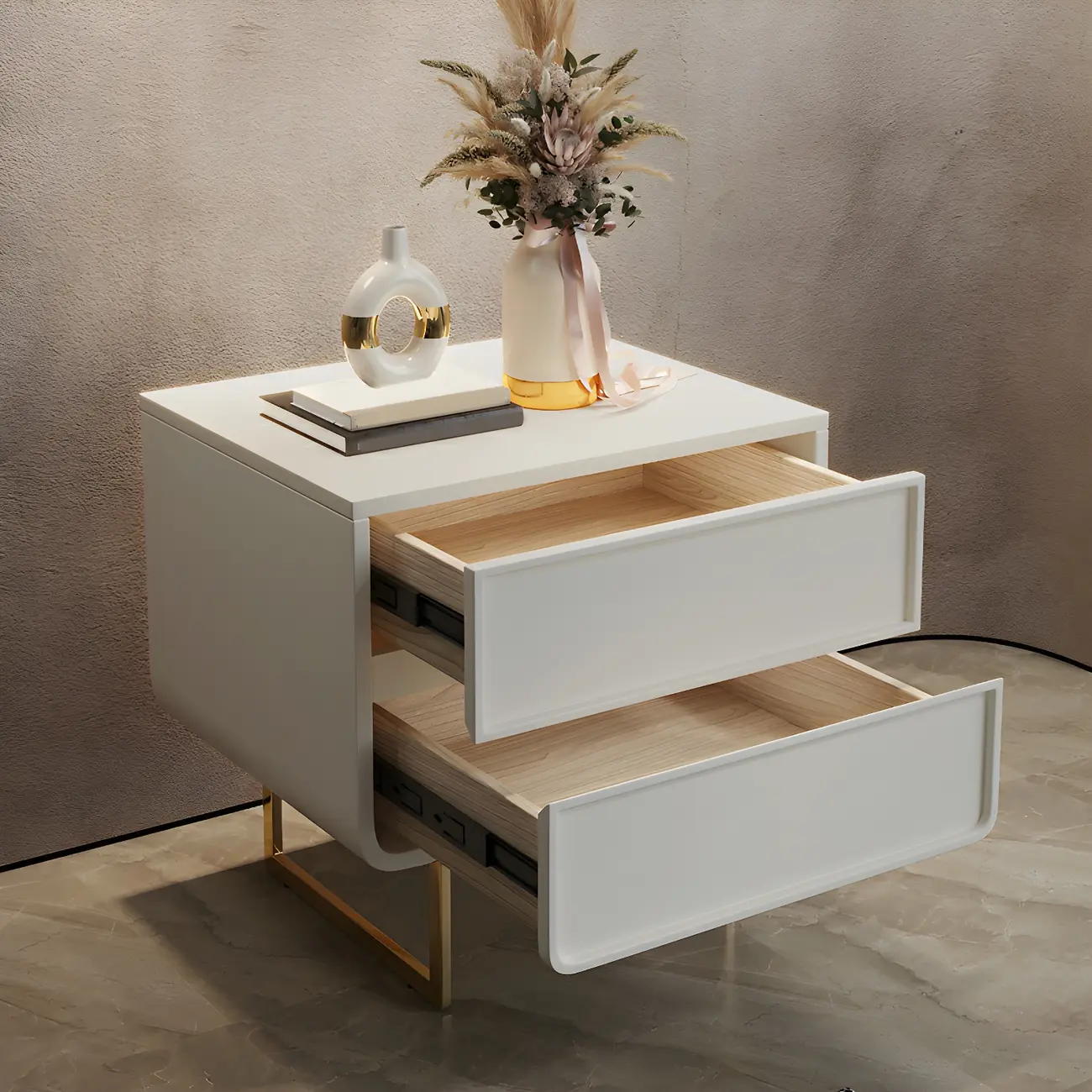 Narrow Wooden 2-Drawers White Nightstand with Gold Legs Image - 1 | homeyfad