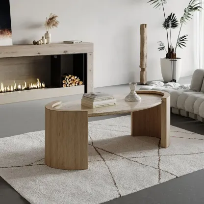 Japandi Oval Travertine Coffee Table in Double Pedestal Image - 3