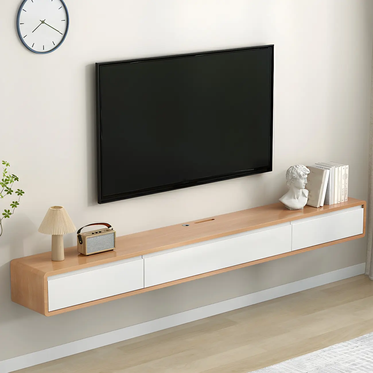 Long Rectangle Wooden Wall-Mounted TV Stand with Storage Image - 1 | homeyfad