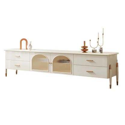 Minimalist Stone Juliet Arc TV Stand with Storage and Drawers Image - 5