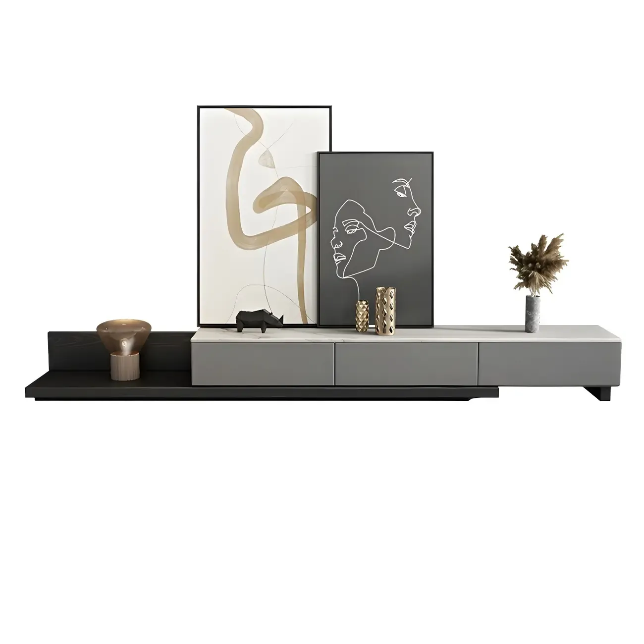 Elegant Stone TV Stand with Open Shelving & Drawers Image - 5