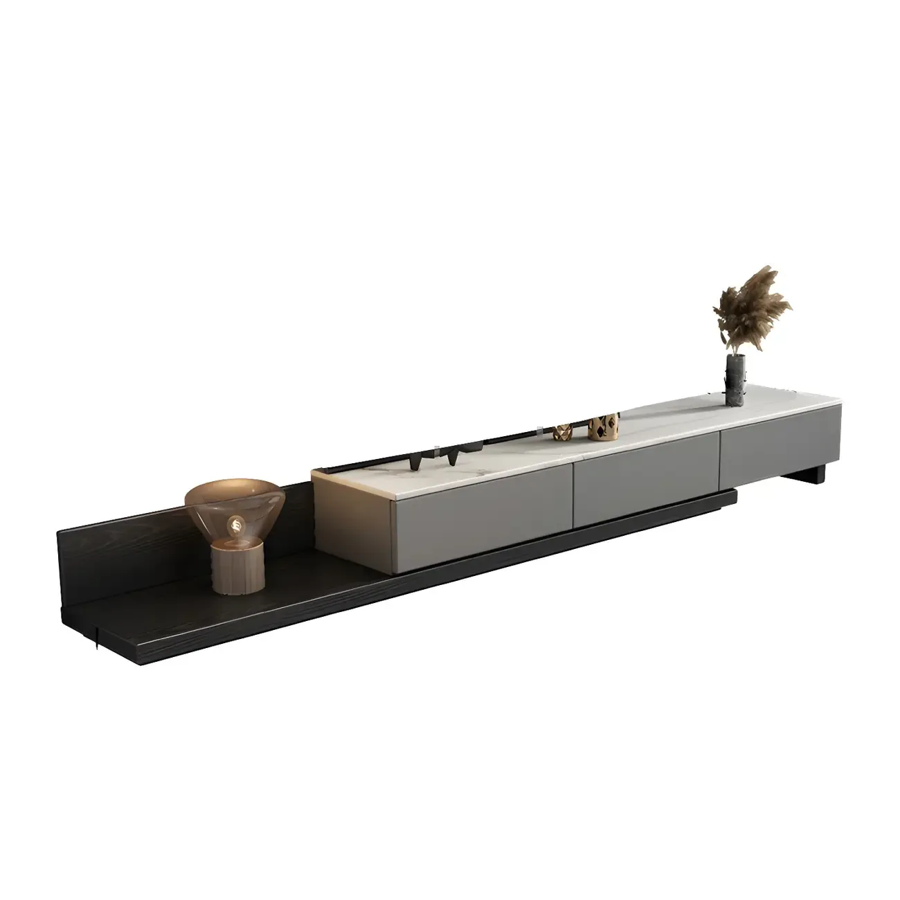 Elegant Stone TV Stand with Open Shelving & Drawers Image - 7