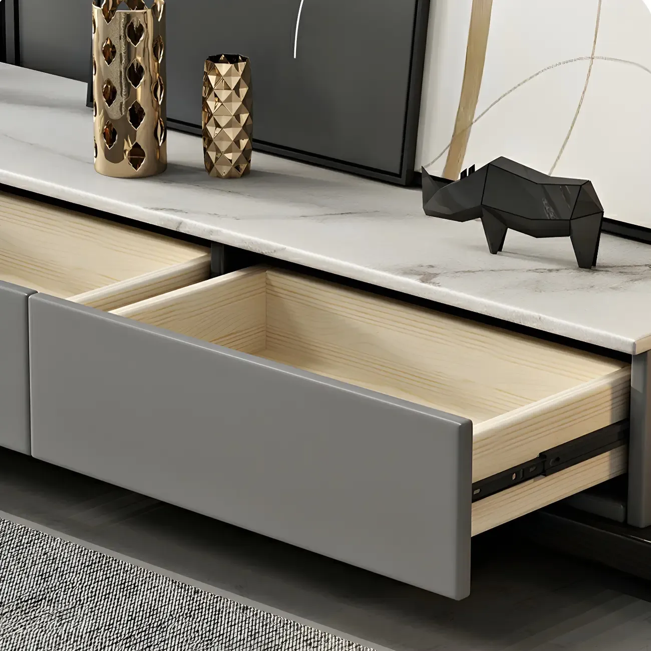 Elegant Stone TV Stand with Open Shelving & Drawers Image - 8