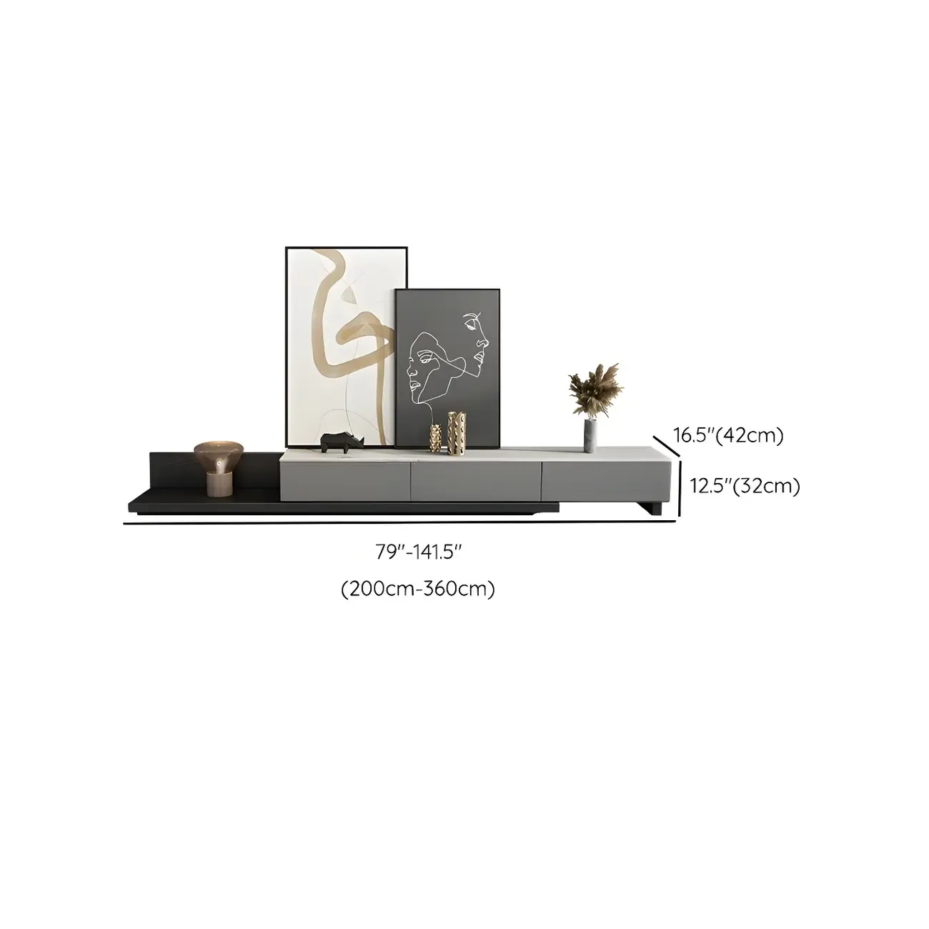 Elegant Stone TV Stand with Open Shelving & Drawers #size