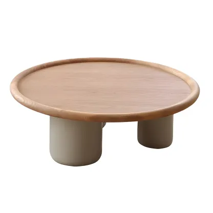 Round Natural Wood Tray Top Coffee Table with Three-Leg Base Image - 5