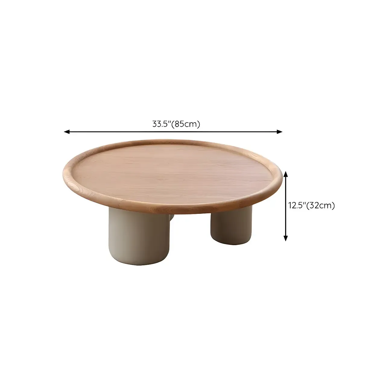 Round Natural Wood Tray Top Coffee Table with Three-Leg Base #size