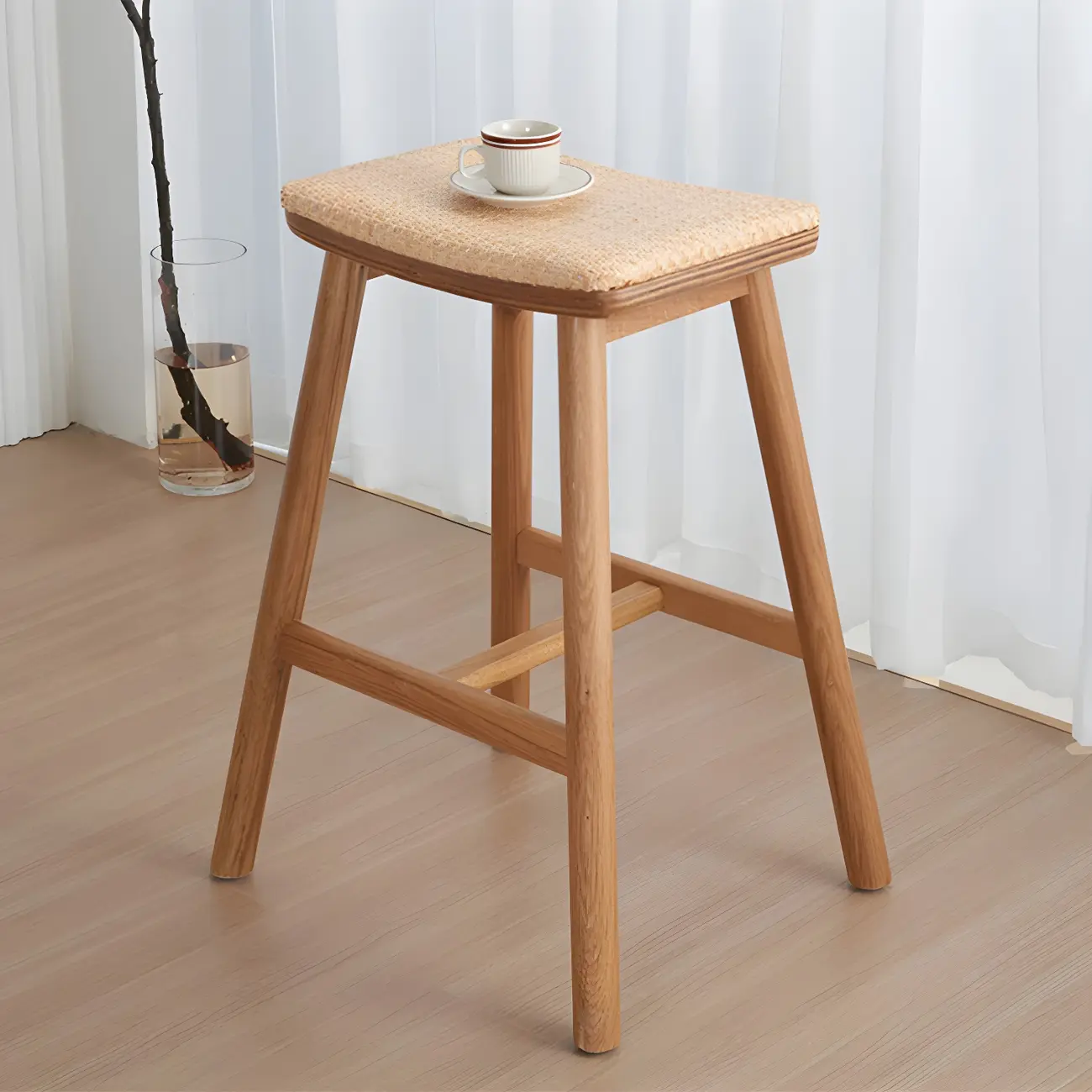 Brown Oak Wood  Ratten Seat Backless Counter Bar Stools Image - 1 | homeyfad