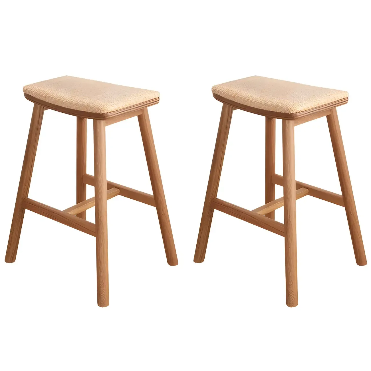 Brown Oak Wood  Ratten Seat Backless Counter Bar Stools Image - 3