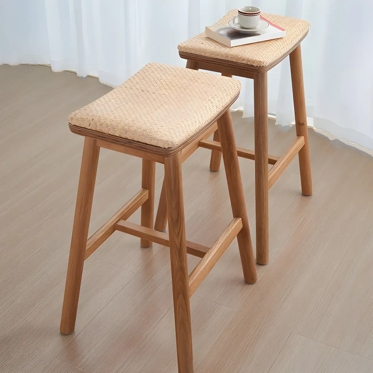 Brown Oak Wood  Ratten Seat Backless Counter Bar Stools Image - 2