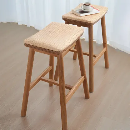 Brown Oak Wood  Ratten Seat Backless Counter Bar Stools Image - 2