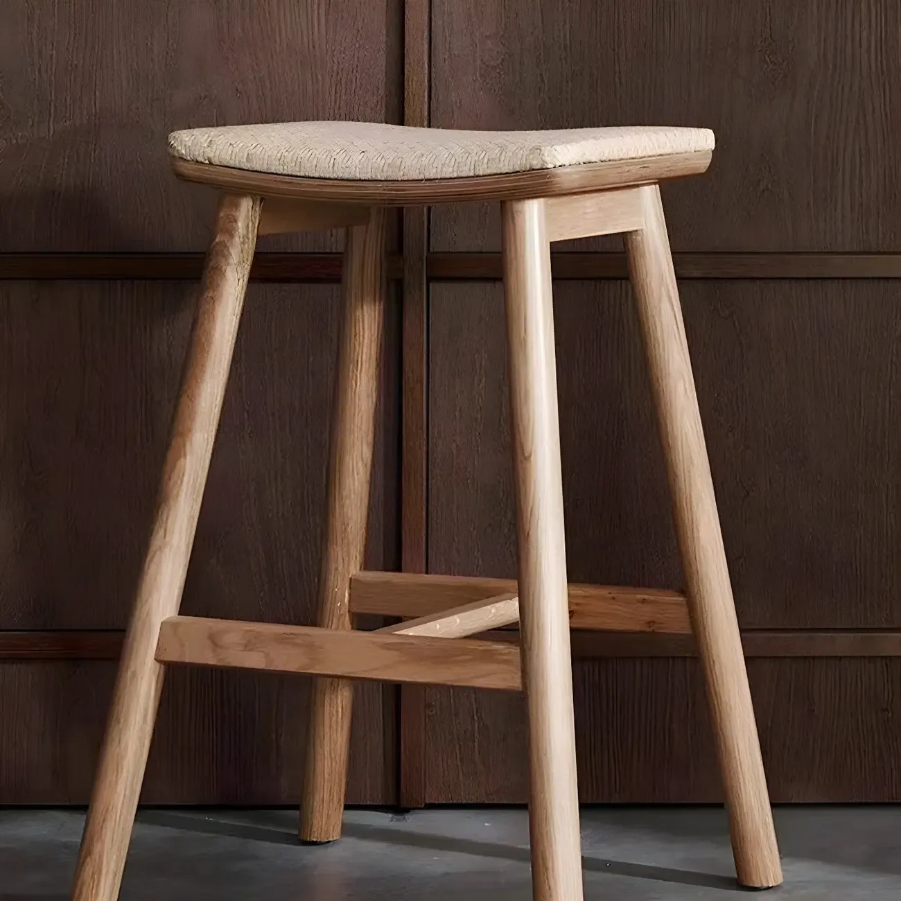 Brown Oak Wood  Ratten Seat Backless Counter Bar Stools Image - 6