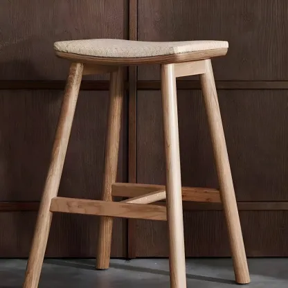 Brown Oak Wood  Ratten Seat Backless Counter Bar Stools Image - 6