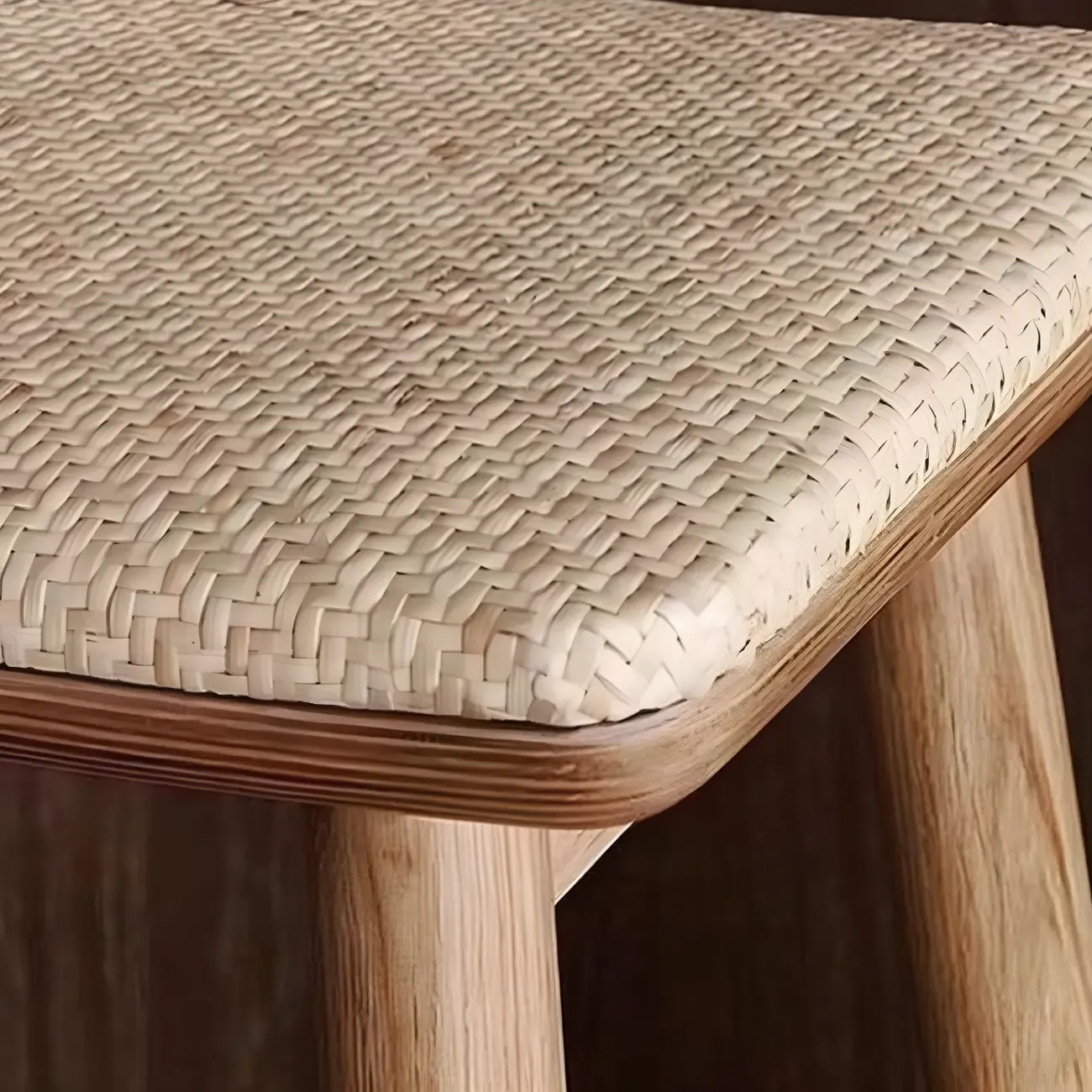 Brown Oak Wood  Ratten Seat Backless Counter Bar Stools Image - 8