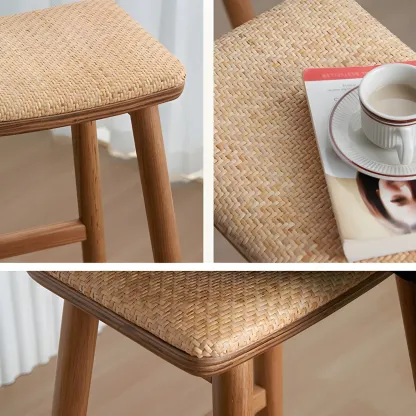 Brown Oak Wood  Ratten Seat Backless Counter Bar Stools Image - 11