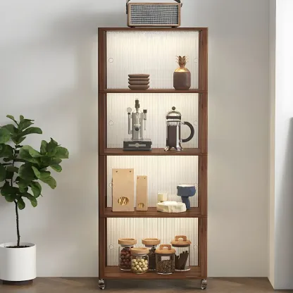 Modern Sliding Doors Pine Wood Curio Cabinet with Wheels Image - 1