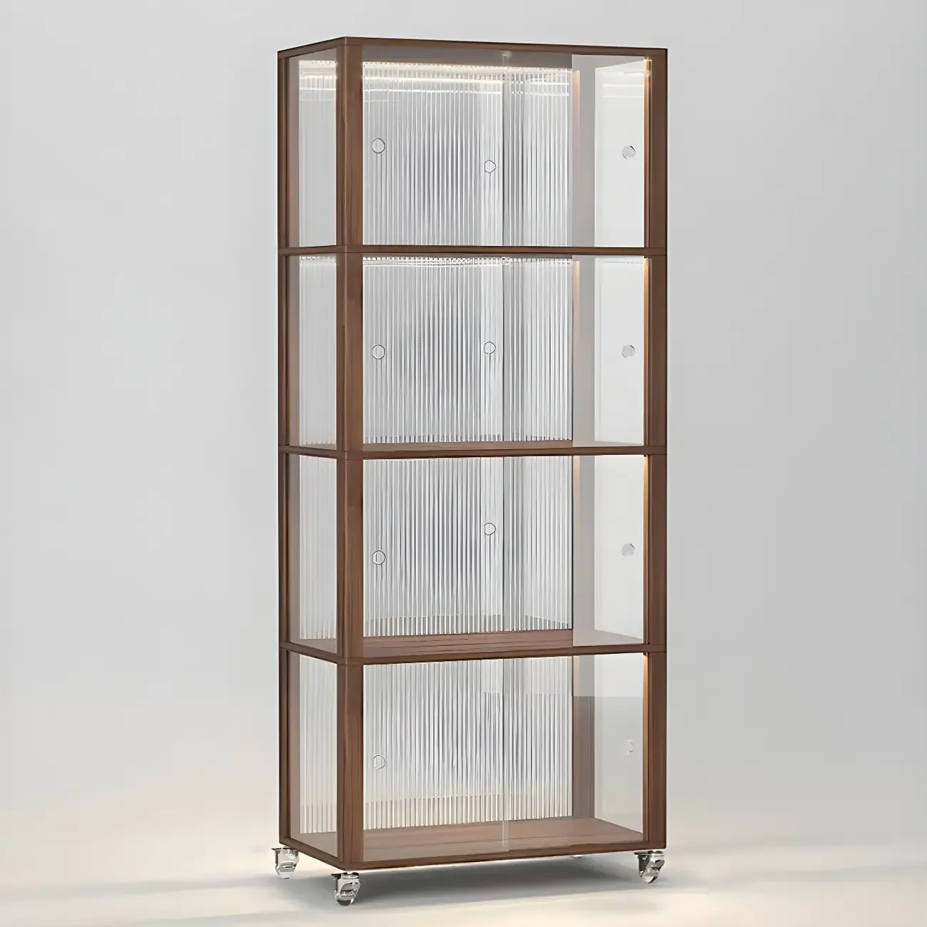 Modern Sliding Doors Pine Wood Curio Cabinet with Wheels Image - 4